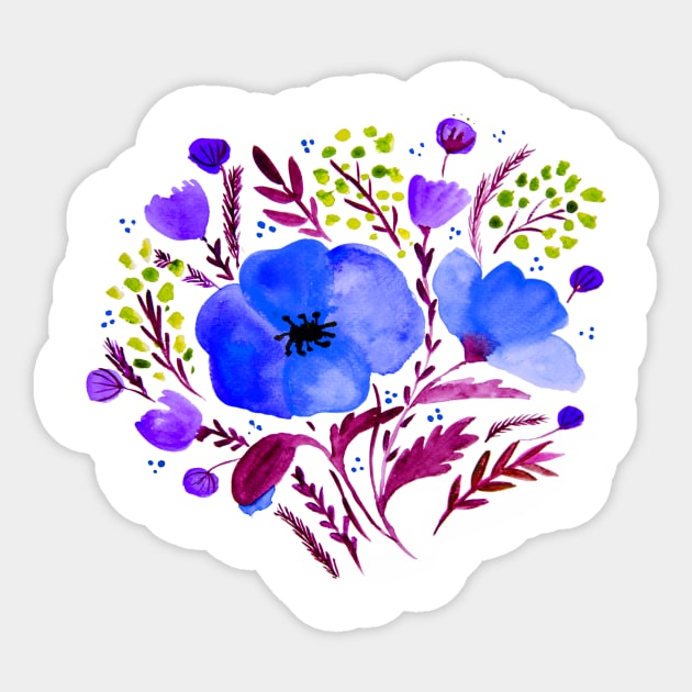 Watercolor poppies bouquet - electric blue and purple Sticker by wackapacka